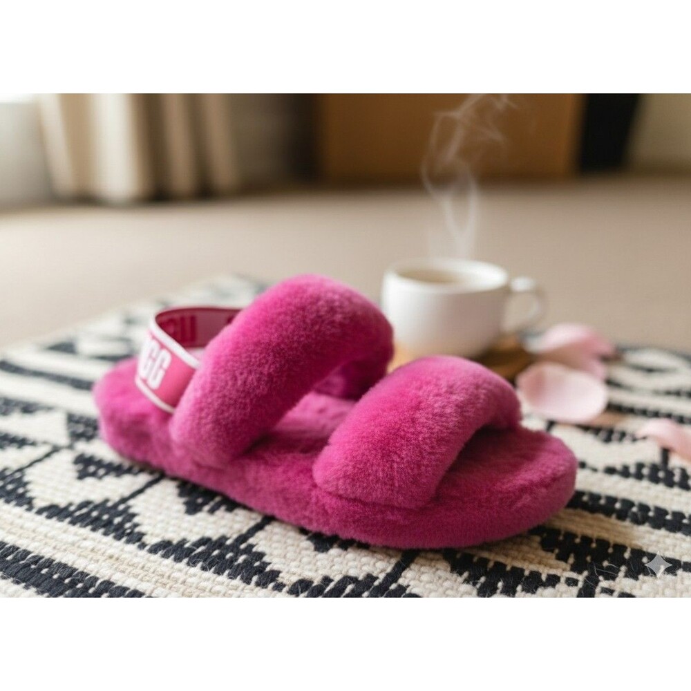 UGG Oh Yeah Fluffy Sheepskin Hot Pink Slide Sandals Womens Sz 10  Elastic Strap